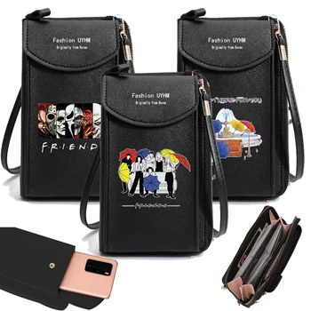 Дамски кожени чанти през рамо с принтом приятели, универсален мобилен телефон за Iphone / Samsung-портфейл, чанта-клатч през рамо, чантата