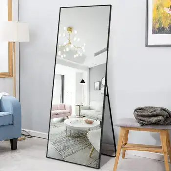 Правоъгълна подова огледало в цял ръст с тънка рамка от алуминиева сплав (черно, 59 
