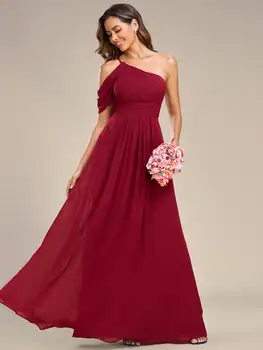 Елегантни вечерни рокли с едно рамо плиссированная скрит цип с дължина до пода 2023 BAZIIINGAAA от шифон Бордо рокли за шаферките