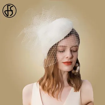 FS бежово-бели шапки-чародейки за сватби, църкви, дамска шапка-дерби с воал, черен филц шапки, реколта дамски елегантни вечерни