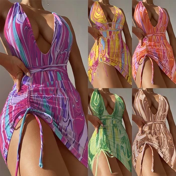 Комплекти бикини от две части за жените, еластична превръзка с принтом, цели бански костюми и пола, покриващи дамски летни плажни бански костюми