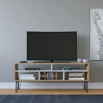 Модерна поставка за телевизор Модерна поставка за телевизор с диагонал до 55 инча, рафтове за съхранение на телевизори, бял дъб антрацит, малка поставка за телевизор