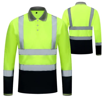 Ризи ANSI клас 2 Hi Vis, жълто, тъмно синьо светоотражающая поло риза с дълги ръкави, защитни работна риза за изграждане на мъжете и жените
