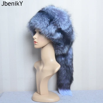 Шапки от естествени лисьего кожа, за жени, зимна модна и стилна руската дебела топла шапка-бини, шапка-бомбер от естествен космати кожи с опашка