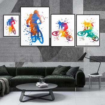 Плакат с планински байкером, стенно изкуство колоездач, спортен интериор за стаи за момчета, подарък за колоездач