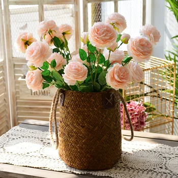 Пасторални кошници за цветя, изтъкани от билки, вази, кошници за сухи цветя, кошници за съхранение на ръчно изработени, сплетен от ратан, бамбук сплетен на живо ру