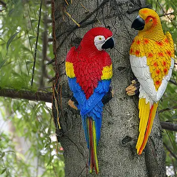 Статуя на един папагал от смола, монтиране на украса за градината на открито, украса за дърво, скулптура животно за домашен офис, декорация за градината