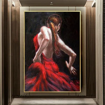 100% Ръчно рисувани, червена рокля, дамски живопис с маслени бои върху платно, танцуваща момиче, танц плакат за всекидневната, съвременно абстрактно стенно изкуство