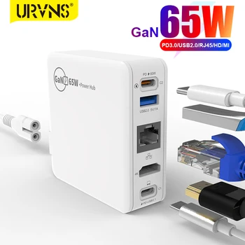 Портативна докинг станция 5 в 1 с бързо Зарядно устройство URVNS GaN мощност 65 W с поддръжка на Ethernet/PD3.0/USB2.0/HDMI 4K за преносими компютри-ключове TV