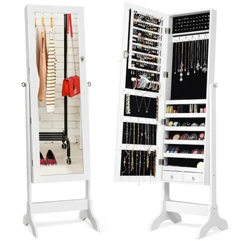 Costway Огледален шкаф за съхранение на бижута, органайзер с чекмеджета, бял