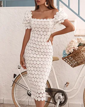 2023 Дамско модно секси рокля Casyal, ново дантелено рокля средна талия, однотонное рокля с мирис на гърдите средна дължина