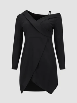 Черна рокля Finjani размер плюс, дамски секси къса пола с миризмата, есенна однотонная облекло 2023, рокля с дълъг ръкав