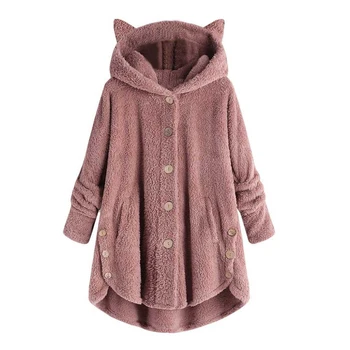 Зимно дамско палто от изкуствена кожа Луксозно дълго флисовое палто с качулка и кошачьими уши, без ревера, дебели топли дамски плюшени копчета, плюшевое палто
