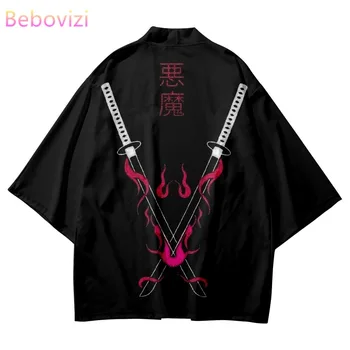 Японското кимоно с принтом меча на Самурая-демон, cosplay, мъжки женски с жилетка, рокля, черни дрехи, лятна юката, реколта дрехи Хаори