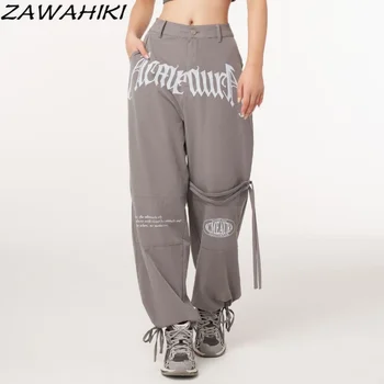 Реколта панталони-карго с писмото принтом Y2k с висока талия, мешковатая дамски градинска облекло дантела, джобове, широки прави панталони, гащеризони