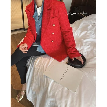 Жена туид яке, сако, дрехи 2023 г., шик и елегантен нов костюм, палто, червени луксозни блузи, модерен пролетен корейски тънък стилен krop