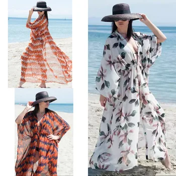 Плажна блуза шифоновый жилетка с принтом халат голям размер Празнична плажна пола бикини слънцезащитен жилетка Лятна рокля шифоновое рокля