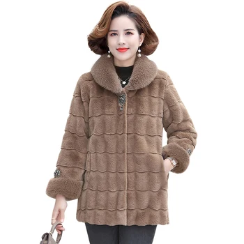 Ново кашемировое палто с имитация на дупки за мама, зимни дебели вязаный пуловер, жилетка, сако, дамски връхни дрехи от изкуствена кожа на норка