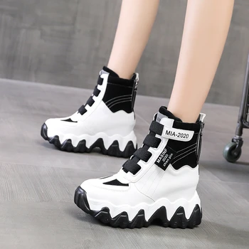 Дизайнерски обувки на висока платформа, новост 2023 г., есенни женски ботильоны на танкетке 6 см, зимни ежедневни маратонки за татко, кожени обувки на масивна ток