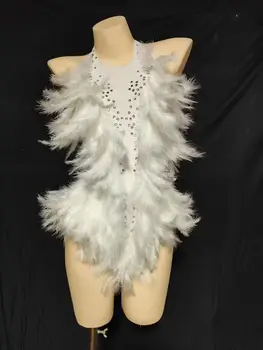 Бяла рокля с пера, многоцветен кристал, секси гащеризон за нощен клуб, гащеризон, за партита, костюм dj за изпълнения на сцената