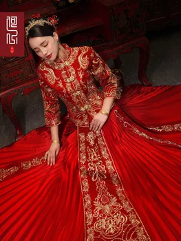 Китайското сватбена рокля традиционно облекло висококачествена червена бродерия банкет винтажное съвременно дълго ципао китайски дрехи