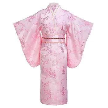 Розова рокля с флорални принтом за младата дама, японското традиционно кимоно, халат за баня, рокля с дълъг ръкав, вечерна рокля за бала, сатен дрехи с V-образно деколте