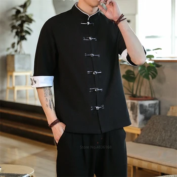 Летен топ с бродерия журавля, традиционната китайска облекло за мъже, реколта ленени ризи с къс ръкав, яка Мадарин, Ханфу Кунфу