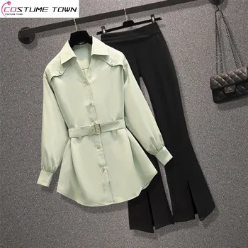Пролет-есен нова корейска версия риза с колан + микробрюки за отслабване Елегантен женски костюм-двойка