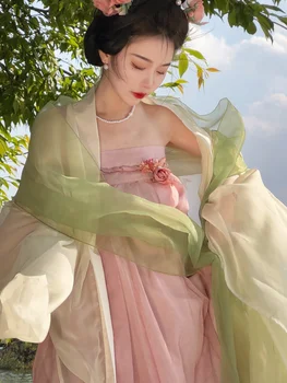 Китайската традиционна облекло за жени, на династията Тан, зелен, лилав костюм Ханфу, женска пола на гърдите риза с много ръкави, елегантна рокля