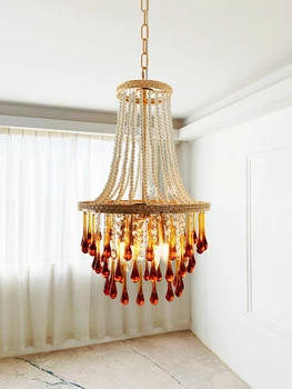 Френски ретро тавана лампа във формата на капка с перли, лампа за кабинет в ресторанта