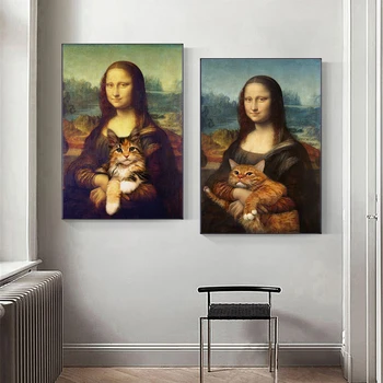 Забавна Мона Лиза с котка върху платно, щампи на плакати, известната картина, реколта стенни художествена картина за хола, начало декор, стенописи