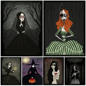 Готическия черен фигура момичета на ужасите, ретро плакат и принт, призрак с загубено сърце, ретро монтиране на изкуството, платно, живопис за всекидневна декор