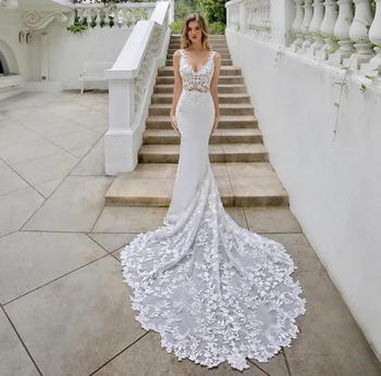 Сватбена рокля на Русалка с V-образно деколте на бретелях, дантелени апликации, расшитый пайети тюл, с дължина до пода, струята, прекрасна рокля на булката 2023