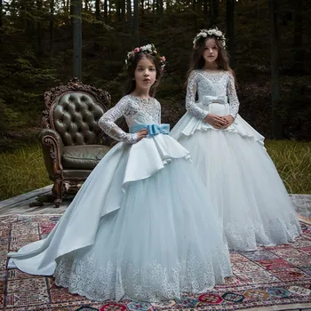 Елегантна рокля с цветя модел за момичета, дантела тюл с дълъг ръкав за сватба, рожден ден, сладък рокли на принцеси за първо причастие