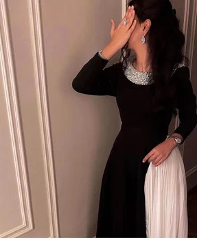 Черно-белите рокли за абитуриентски бал, бродирани с мъниста, с кръгло деколте и дълги ръкави, рокли за партита в Саудитска Арабия рокля с трапецовидна форма, с плисета