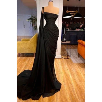 Черна вечерна рокля-тромпет, секси вечерни рокли Mermiad, нощно рокля с едно рамо, рокля за специални случаи рокля на бала
