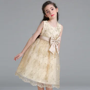2021 Нова рокля за момичета Рокля на принцеса със златни бродерии Рокля с лък за момичета, Детски рокля с цветя модел