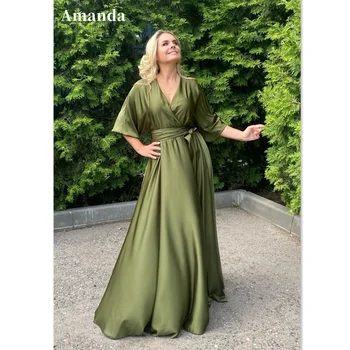 Amanda с ръкав-тромпет, 3 вечерни рокли, коприна зелена вечерна рокля трапецовидна форма, секси рокля за абитуриентски бал с цепка отстрани, 2023