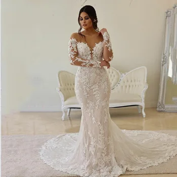 Елегантно бельо сватбена рокля с илюзията русалка, елече, Vestido De Noiva, дълги ръкави, прозрачни горловина, апликации, сватбени рокли 2022