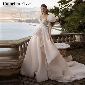 Елегантни сватбени рокли трапецовидна форма 2022 за жени, булката рокля с пищни ръкави на спагети презрамки, рокли сватба с аппликацией, Vestidos De Новия