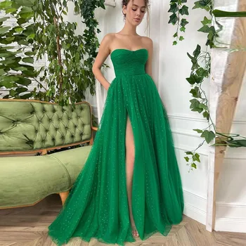 Sevintage тучни Зелени лъскави рокли за бала от тюл, без презрамки, с цепка отстрани, трапециевидные дълги вечерни рокли, облекло за сватбеното парти 2022