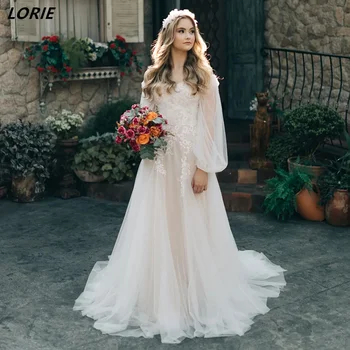 Дантелени сватбени рокли LORIE Bohemia с открити рамене, с дълги ръкави-фенерчета, без табли, сватбени рокли, трапециевидные апликации рокля на булката 2022