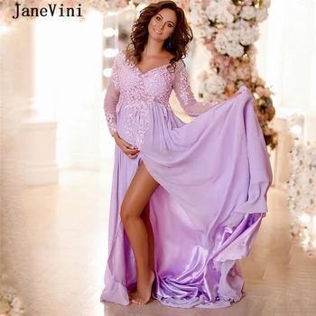 JaneVini 2020, Елегантни рокли за абитуриентски бал с дълги ръкави за бременни, лейси апликация с V-образно деколте, бисерное шифоновое вечерна рокля трапецовидна форма в стил империя за бременни