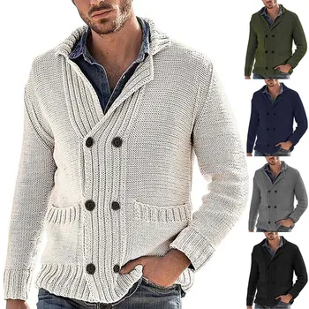 Мъжка жилетка, пуловер, есен-зима, монофонични двубортный вязаный пуловер, пуловери с дълъг ръкав и отложным яка, вязаное мъжко палто