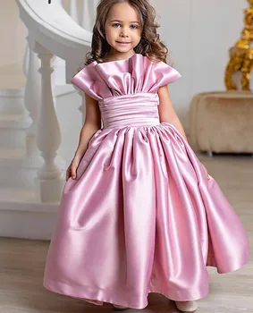 Розова рокля с открити рамене за момичета в цветенце, однотонное атласное принцеса рокля с дължина до щиколоток, облекло за рожден ден, празнична рокля с цип отзад