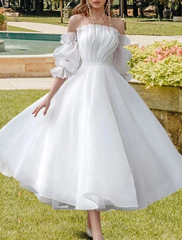 Сватбени рокли принцеса трапецовидна форма, без презрамки, една чаена дължина, ръкави, гънки, сватбени и шаферски рокли от органза, сватбена рокля