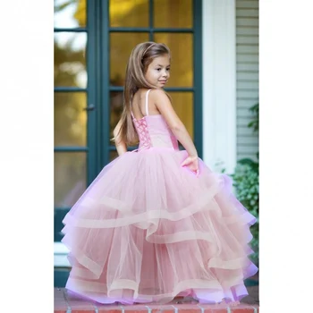 Розови рокли с цветя модел за момичета, детски тънка презрамка, празнична парти, каскаден абитуриентски бал, рокли на принцеси за специални случаи за момичета