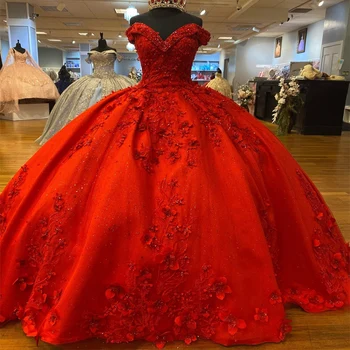 Червени блестящи буйни рокли за официални луксозни партита, бродирани с мъниста, дантела и апликации, 3DFlower Sweet 15, рокля за абитуриентски бала Gwons