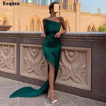 Eeqasn Зелени сатенени вечерни рокли на русалки със странична цепка, без презрамки, дамски официални рокли за бала, секси дълга рокля за сватбеното парти в Дубай