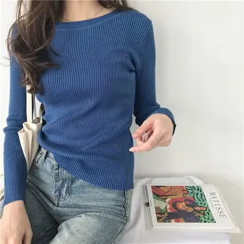 Модерни есенни дамски пуловер с кръгло деколте, плътно прилепнали блузи с V-образно деколте, пуловер с ярки цветове в корейски стил